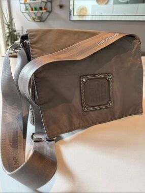 Vintage Longchamp Messenger Bag Crossbody with Branded Strap, Grey Taupe, Nylon